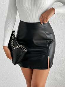 SHEIN Frenchy 开叉下摆 PU 紧身迷你黑色半身裙 - 黑色 - 查看 6