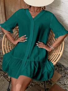 SHEIN LUNE 荷葉袖荷葉邊和服罩衫 - 水鴨藍 - 查看 3