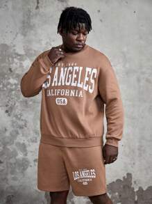 Manfinity VCAY Men Plus Letter Graphic Pullover Sweatshirt & Track Shorts, For Fall Winter - Brown - View 6