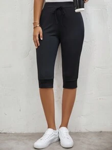 SHEIN LUNE Solid Drawstring Waist Capri Pants - Black - View 3