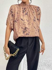 SHEIN Privé All Over Print Batwing Sleeve Mock Neck Blouse - Khaki - View 1