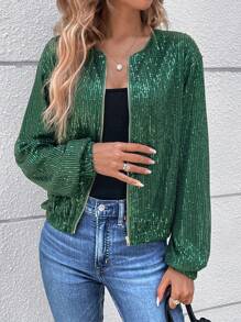 SHEIN Frenchy Dây kéo Kim sa Áo khoác - màu đen - Xem 5