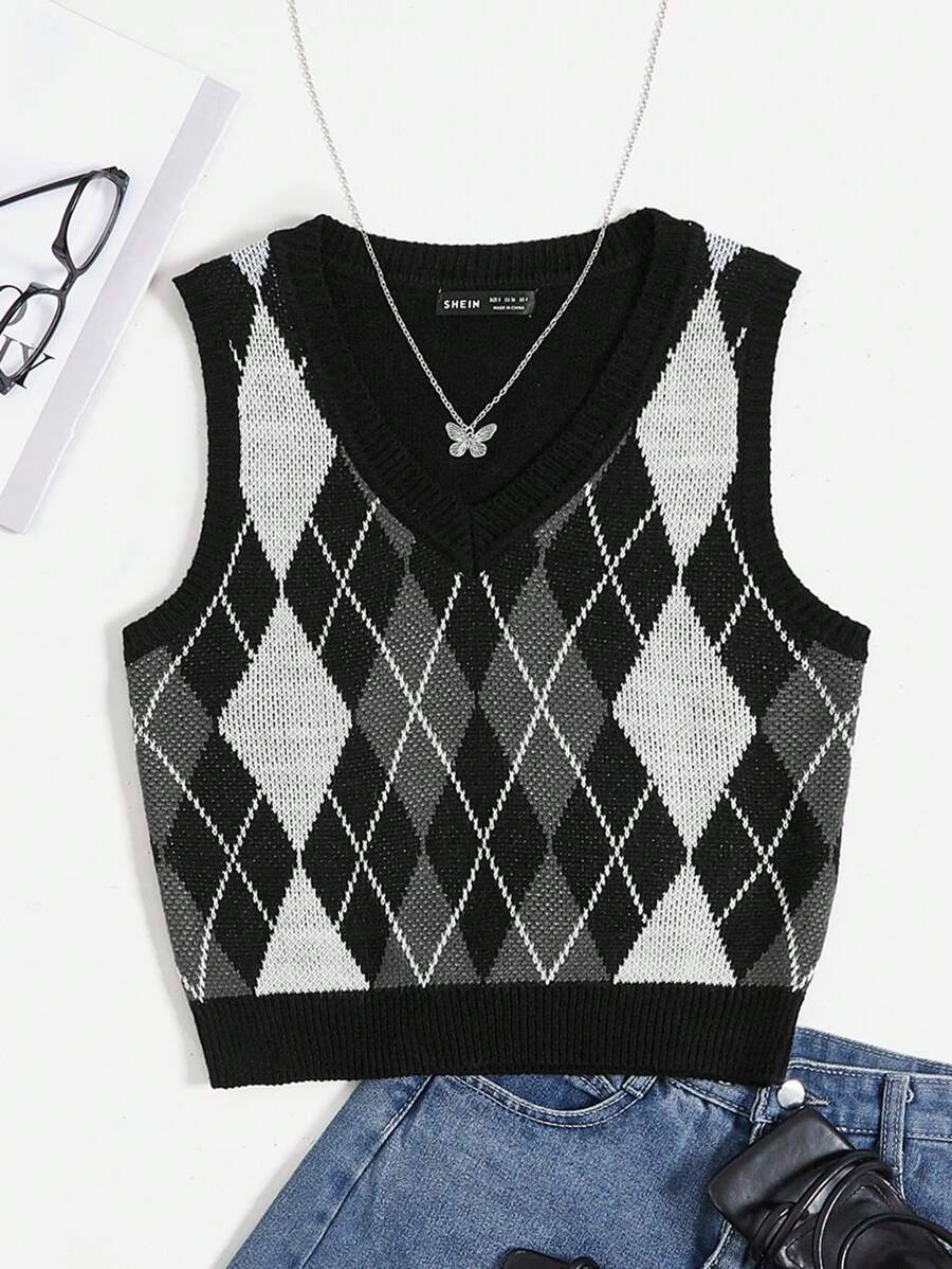 SHEIN EZwear 秋冬菱形图案毛衣背心（不含T恤） - 黑與白 - 查看 1