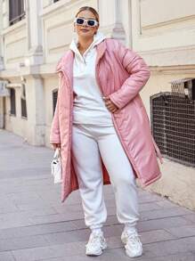 RueChic Plus Snap Button Belted Winter Coat - Pink - View 3