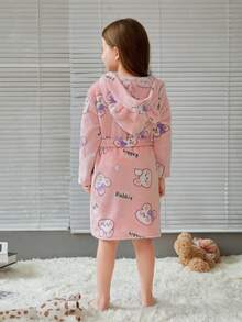 SHEIN Young Girl Cartoon and Letter Print Hooded Belted Flannel Sleep Robe - Pink - View 3