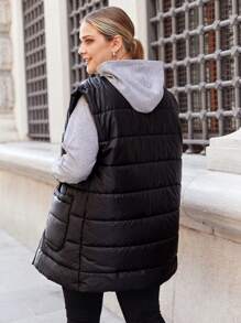 RueChic Plus Button Front Puffer Vest Coat - Black - View 2