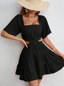 SHEIN VCAY 腰部鏤空荷葉邊洋裝 - 黑色 - 查看 5