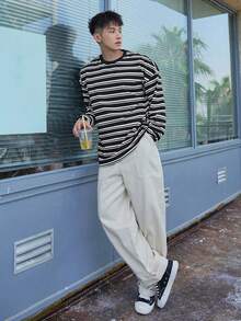 DAZY Men Striped Print Drop Shoulder Tee - Black and White - View 3