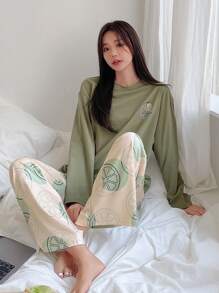 DAZY Cartoon Grafik, Drop Shoulder T-Shirt mit & Hose Lounge Set mit - Grün - Übersicht 4