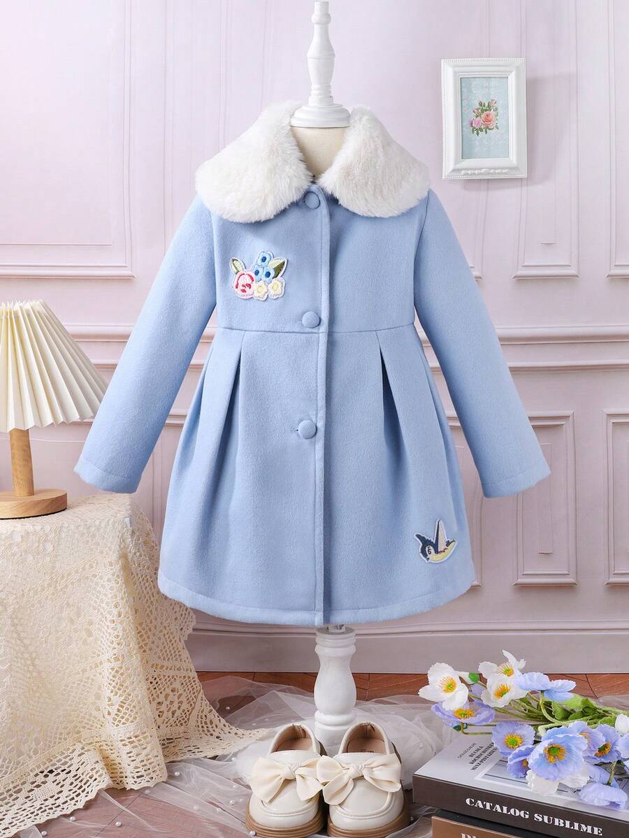 SHEIN 女小童1入組卡通圖案羊絨領口褶皺細節花呢外套 - 藍色 - 查看 1