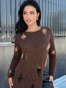 SHEIN SXY Rách Viền chia cắt Áo len - Màu nâu Sô-cô-la - Xem 3