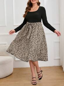 SHEIN LUNE Plus Dalmatian Print Belted Dress - Multicolor - View 1