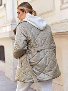 RueChic Plus Solid Slant Pocket Belted Quilted Coat - Olive Green - View 2