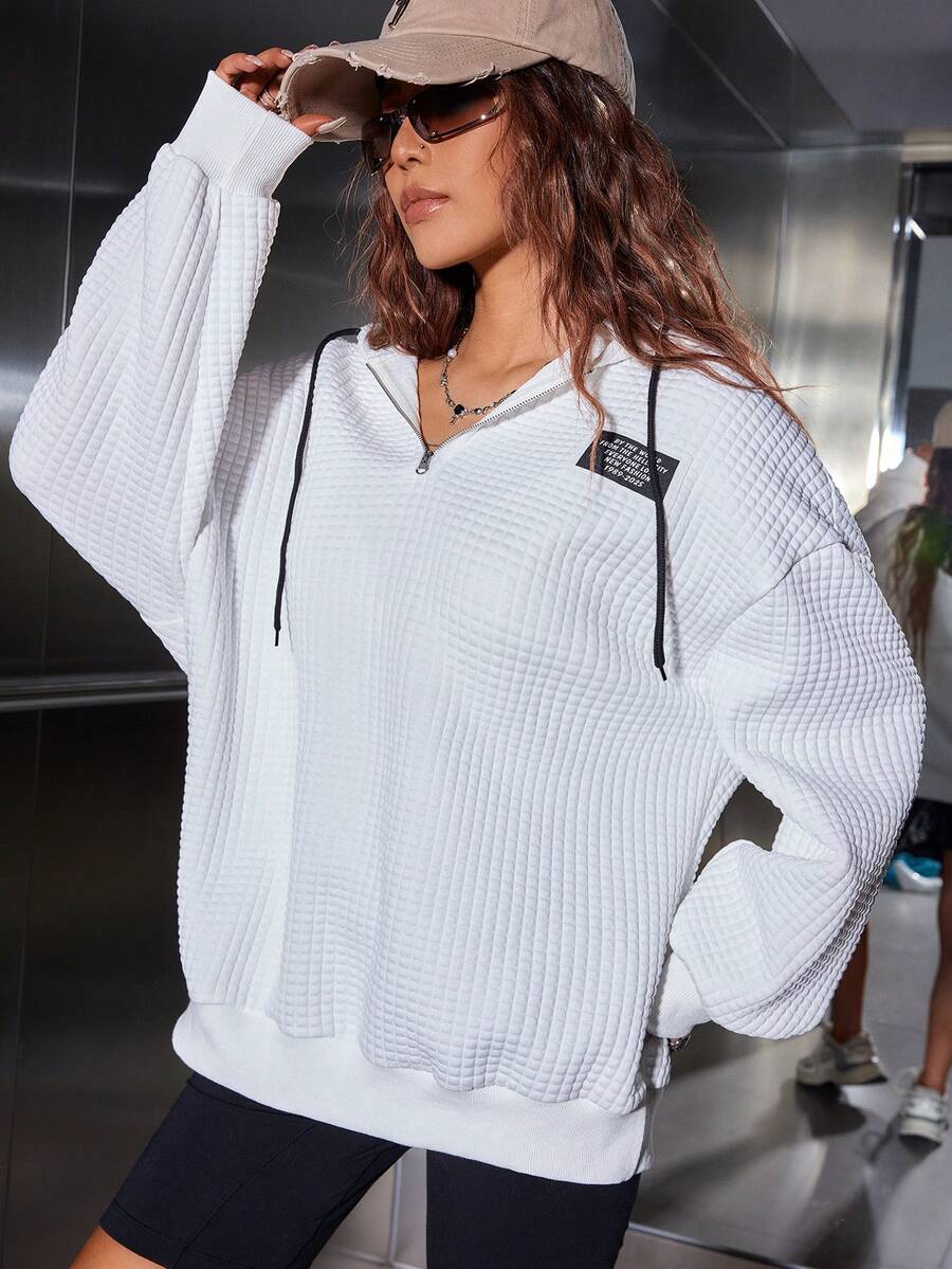 SHEIN Unity Letter Patched Drop Shoulder Drawstring Hoodie - White - View 1