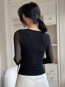 DAZY Mặt trước xoắn Lưới Áo - màu đen - Xem 6