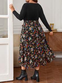 SHEIN Frenchy 大碼印花高衩繫腰帶洋裝 - 彩色 - 查看 5