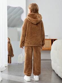 SHEIN Cô gái Tween Thư được vá Flannel Áo Hoodie & Quần - màu nâu - Xem 2