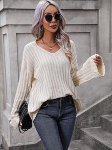 SHEIN LUNE 纯色落肩罗纹针织套头衫，适合秋冬季穿着 - 杏色 - 查看 5