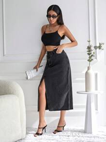 RueChic High Waist Split Thigh Denim Skirt - Black - View 4