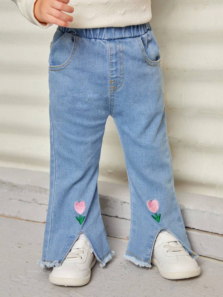 女嬰鬱金香刺繡毛邊牛仔喇叭褲 - 淺色水洗藍 - 查看 1