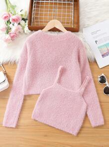 SHEIN Tween Girl Solid Cami Knit Top & Cardigan - Pink - View 2