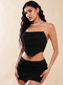 SHEIN BAE Ruched Mesh Tube Top & Bodycon Skirt - Black - View 7