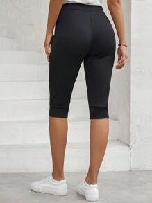 SHEIN LUNE Solid Drawstring Waist Capri Pants - Black - View 2