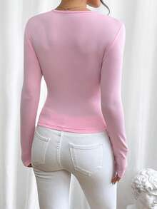 SHEIN Privé 不對稱領紐扣細節褶邊T恤 - 粉色 - 查看 2