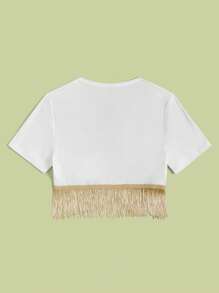 Soleia Chi tiết O-ring Fringe Hem Áo phông Crop - trắng - Xem 2