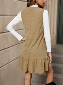 SHEIN LUNE Solid Ruffle Hem Smock Dress Without Sweater - Khaki - View 2