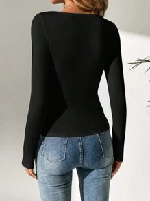 SHEIN Tall Solid Scoop Neck Tee, Tall Women - Black - View 2