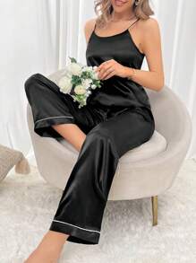 LuxeNights Contrast Piping Satin PJ Set / Pajama Set - Black - View 3