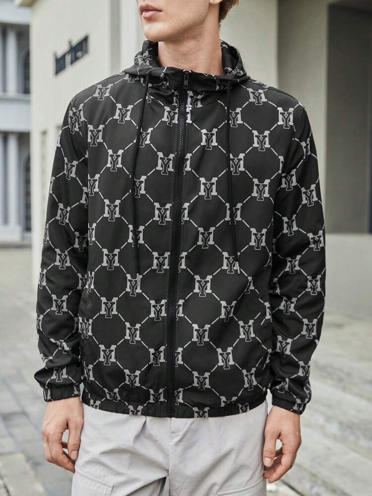 Loose Fit Men Allover Print Zip Up Hooded Jacket, For Fall Winter