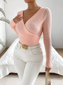 SHEIN ChicEase Suéter de punto acanalado con cuello cruzado para otoño e invierno - Rosa Pálido - Ver 5
