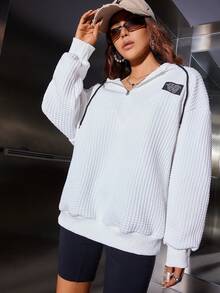 SHEIN Unity Letter Patched Drop Shoulder Drawstring Hoodie - White - View 5