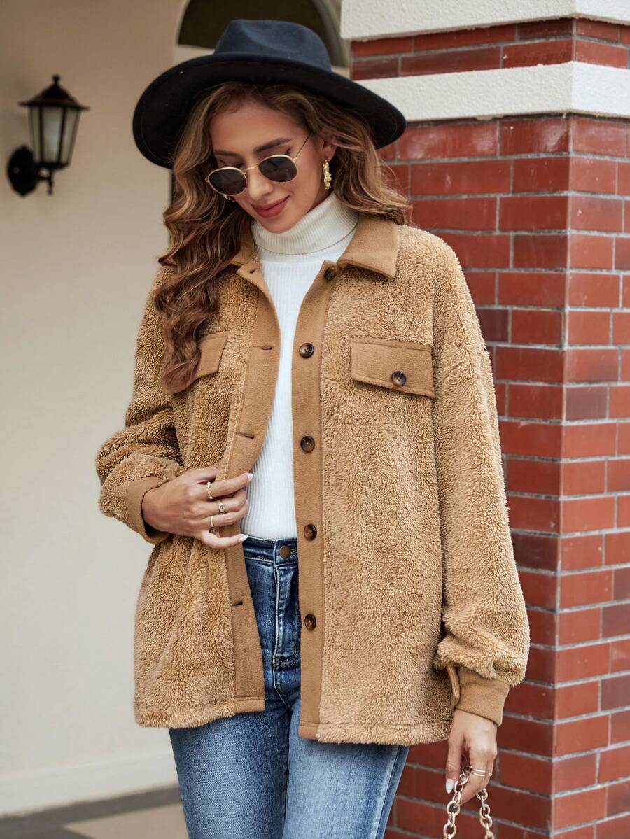 SHEIN LUNE Flap Detail Drop Shoulder Teddy Coat - Camel - View 1