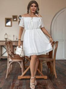 Calvaya Hơn Off Shoulder Nút phía trước Ren Đầm - trắng - Xem 3