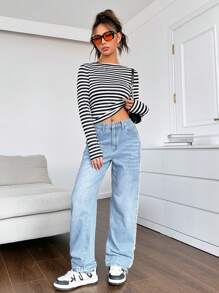 SHEIN EZwear Striped Print Crop Tee - Black and White - View 5