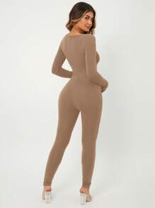 SHEIN SXY Solid Scoop Neck Unitard Jumpsuit - Mocha Brown - View 2