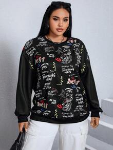 SHEIN EZwear 大碼標語和卡通圖案落肩袖套頭衫 - 黑色 - 查看 6