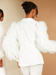 SHEIN BAE 西裝領荷葉邊燈籠袖西裝外套 - 白色 - 查看 2