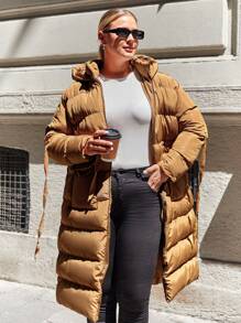 RueChic Plus Drawstring Waist Hooded Puffer Coat - Camel - View 5