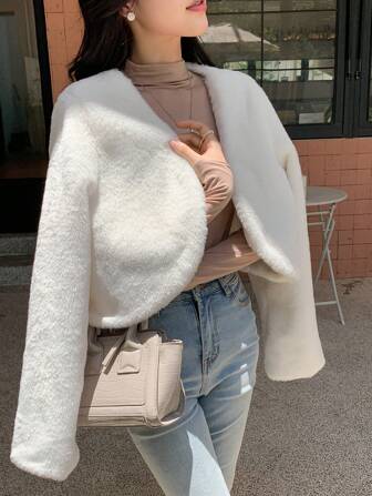 DAZY Teddy Jacke mit Einfarbig offener Front, Crop