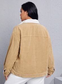 SHEIN EZwear Plus Flap Pocket Drop Shoulder Borg Collar Corduroy Jacket In Fall/Winter - Khaki - View 4