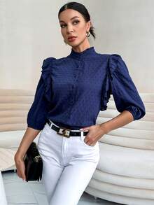 SHEIN Privé Viền Ruffle Cổ giả Nút phía trước Áo sơ mi - Màu xanh hải quân - Xem 3