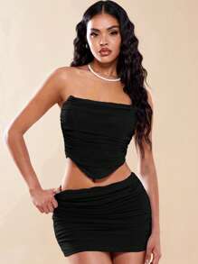 SHEIN BAE Ruched Mesh Tube Top & Bodycon Skirt - Black - View 1