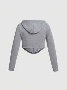 SHEIN MOD Plus Zip Up Drawstring Hoodie - Light Grey - View 2