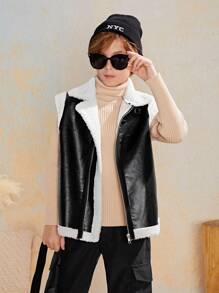 SHEIN Tween Boy Slim-Fit Sports Stand Collar Furry Pu Composite Jacket - Black - View 1