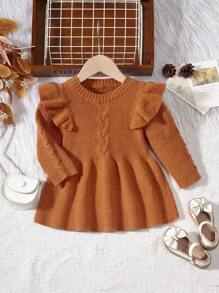 Bebé niña Vestido de punto ribete con fruncido tejido de cable - Marrón - Ver 1