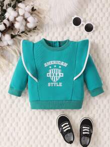 Baby Girl Letter Graphic Contrast Binding Ruffle Trim Sweatshirt - Green - View 1